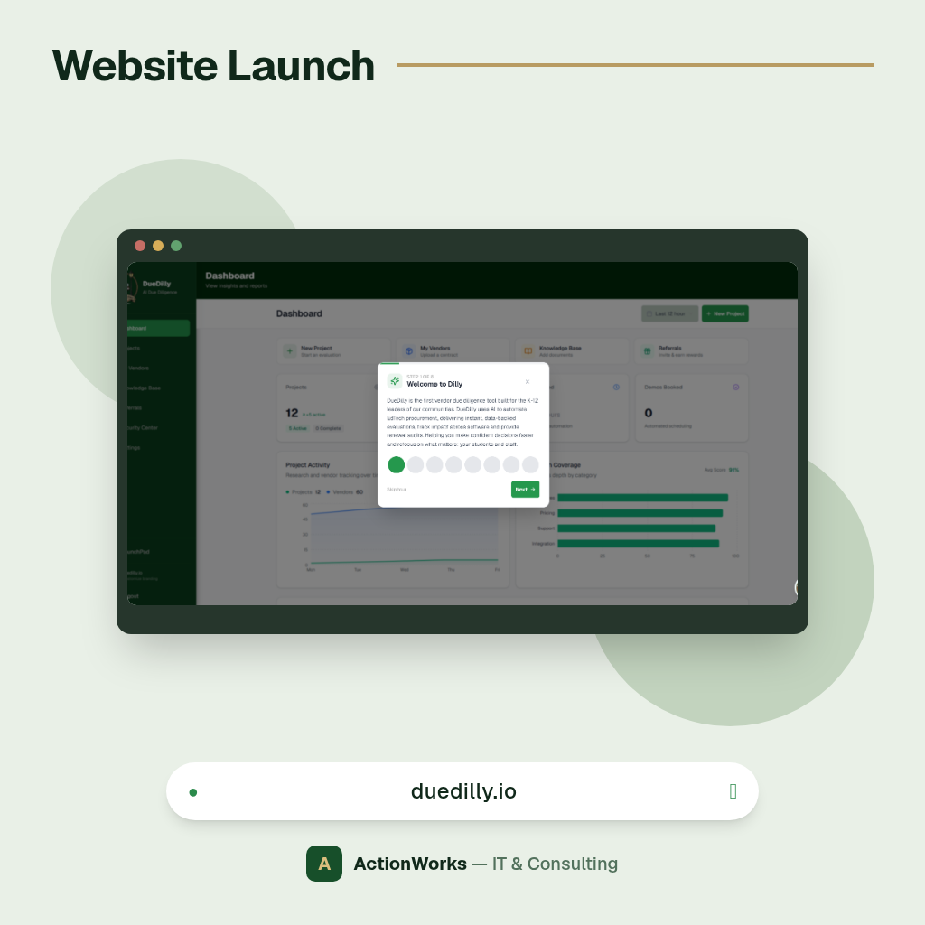 DueDilly launch — AI due diligence for K-12 leaders evaluating vendors and software.