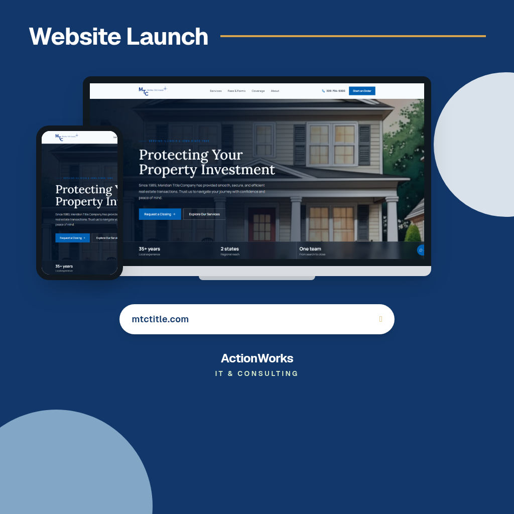 Meridian Title launch — Title and closing site for property transactions across Illinois and Iowa.