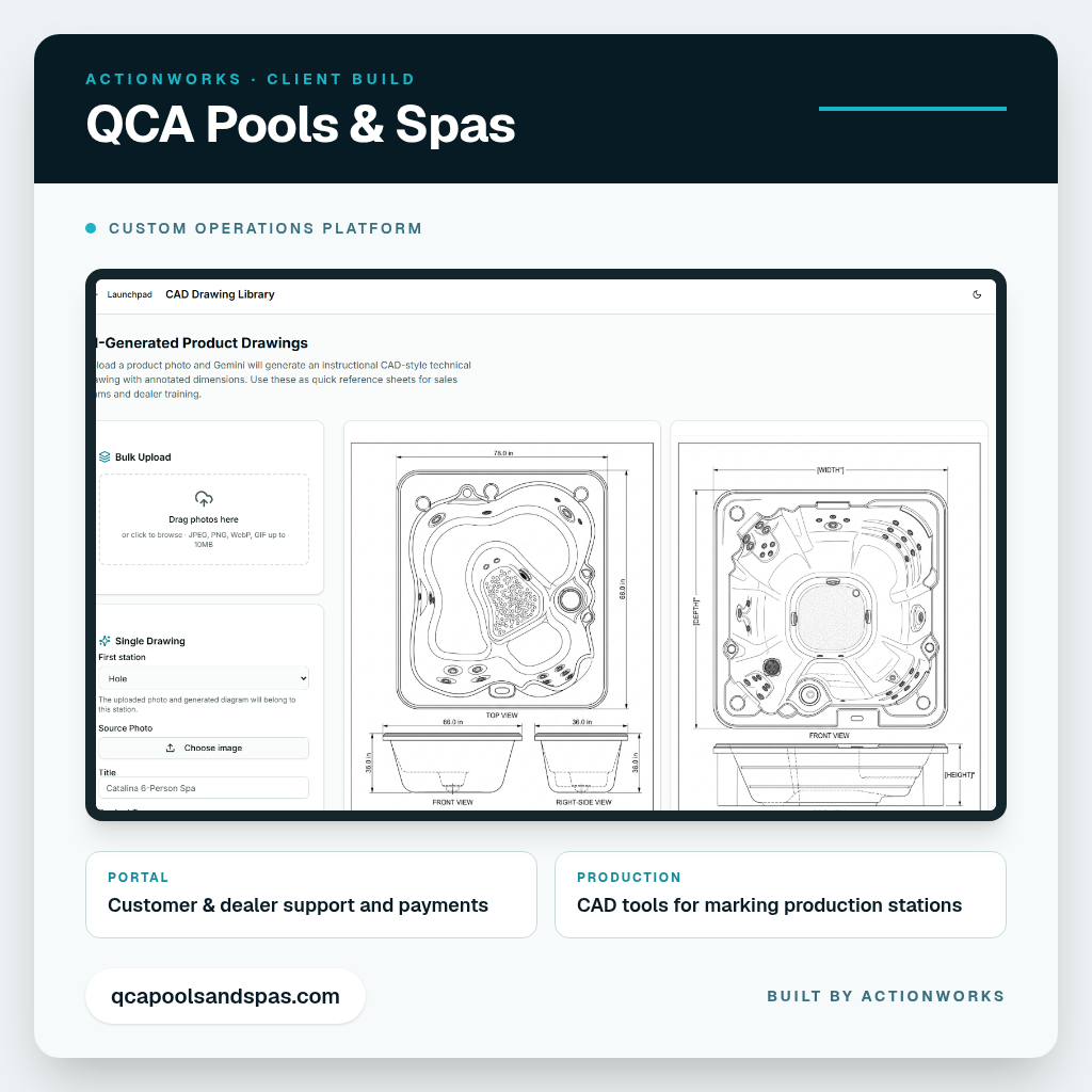 QCA Pools & Spas launch — Custom operations platform with CAD tools for production stations.